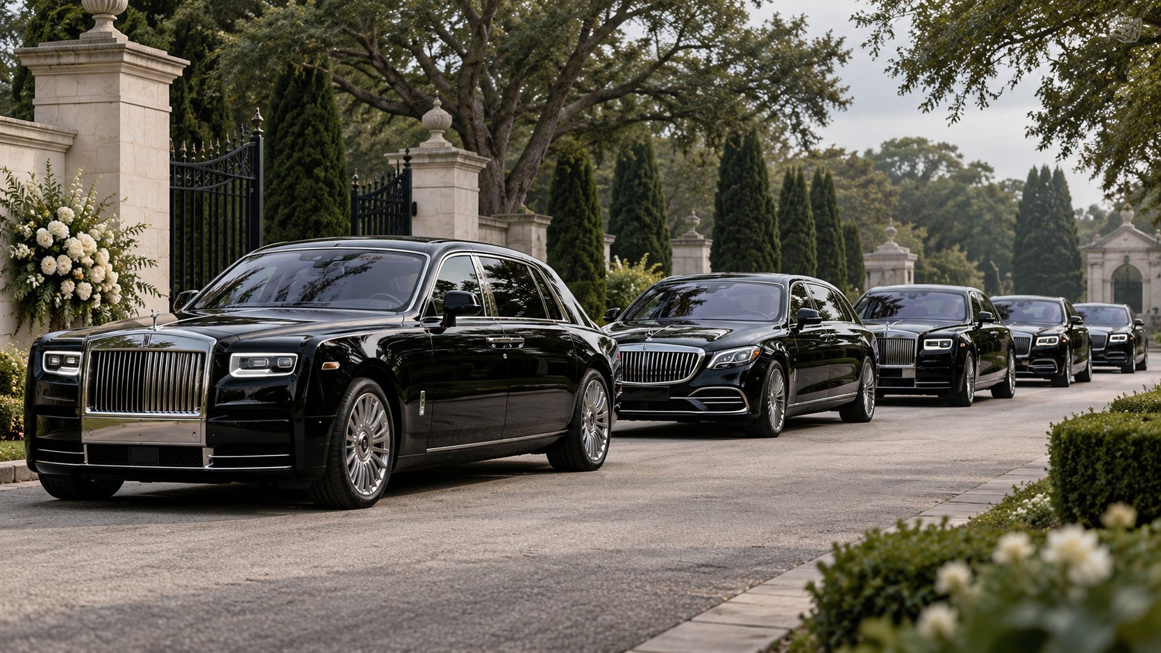 Black luxury limousines arranged in a quiet, dignified memorial procession
