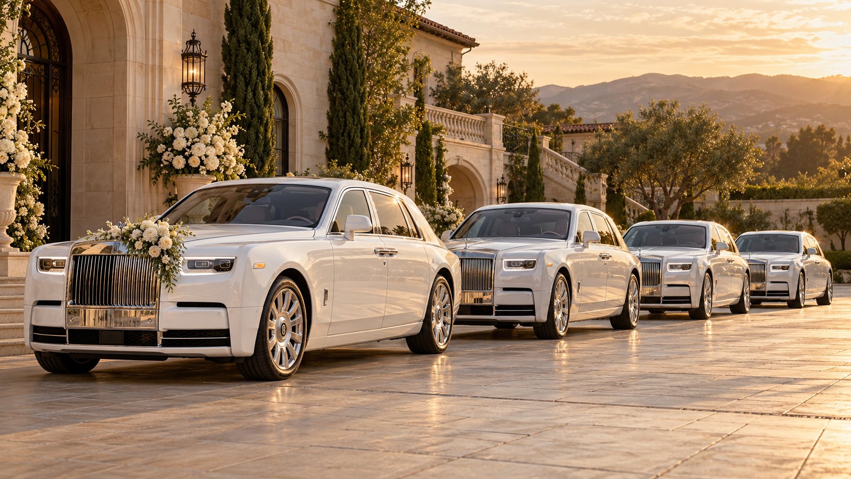 Four white and silver Phantom-style limousines arranged outside an elegant wedding estate